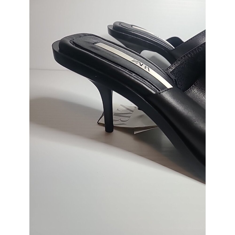 Zara Women's Black Leater Peep Toe Slip On Heel Sandals SZ 41/ US 10 - Picture 5 of 6